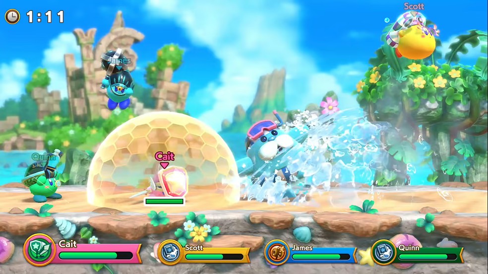 Super Kirby Clash traz uma aventura cooperativa — Foto: Divulgação/Nintendo