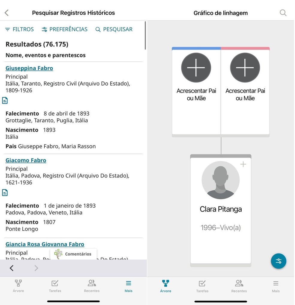 O app Árvore do Family Search permite que usuários façam pesquisas sobre pessoas ou sobrenomes — Foto: Reprodução/Clara Fabro