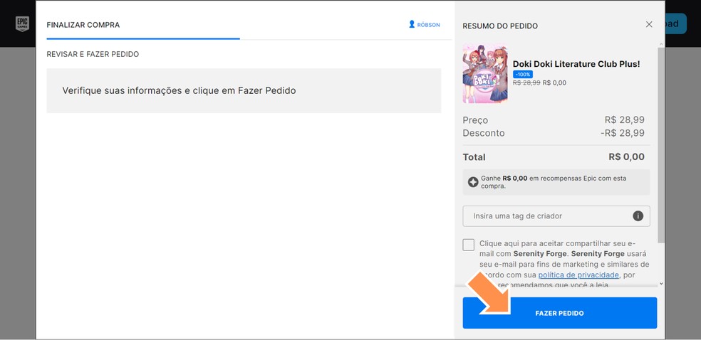 Clique em 'Fazer pedido" para adicionar Doki Doki Literature Club Plus! à sua biblioteca — Foto: Reprodução/Róbson Martins