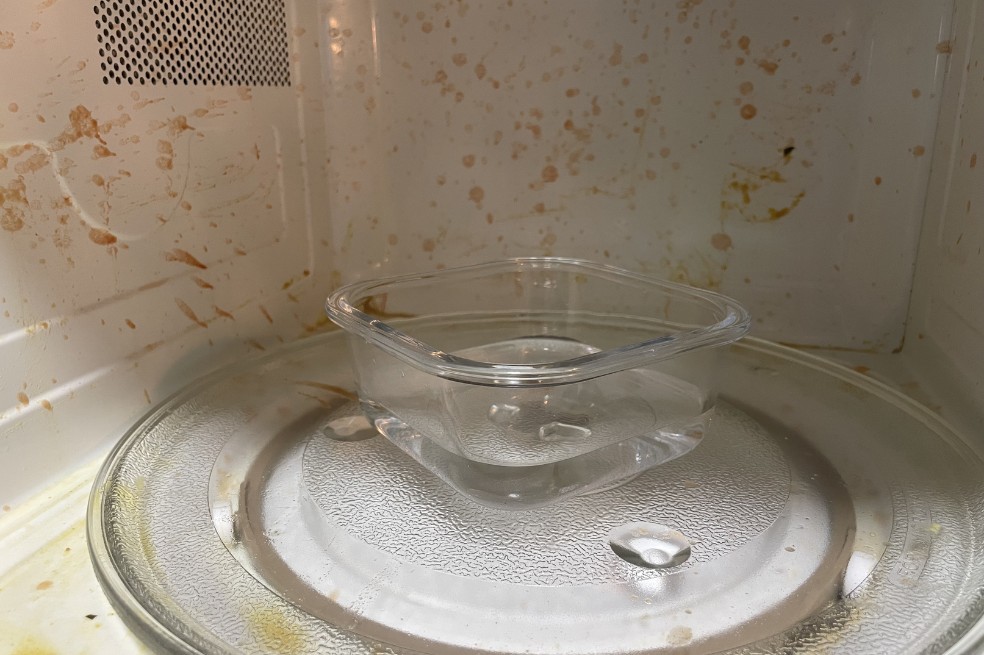 Insira a tigela no micro-ondas com a solução de água e vinagre — Foto: Mayara Aguiar/TechTudo