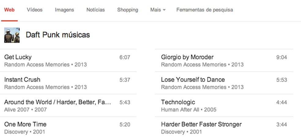 Busca por 'músicas do Daft Punk' retorna com o nome das faixas (Foto: Reprodução/YouTube) — Foto: TechTudo