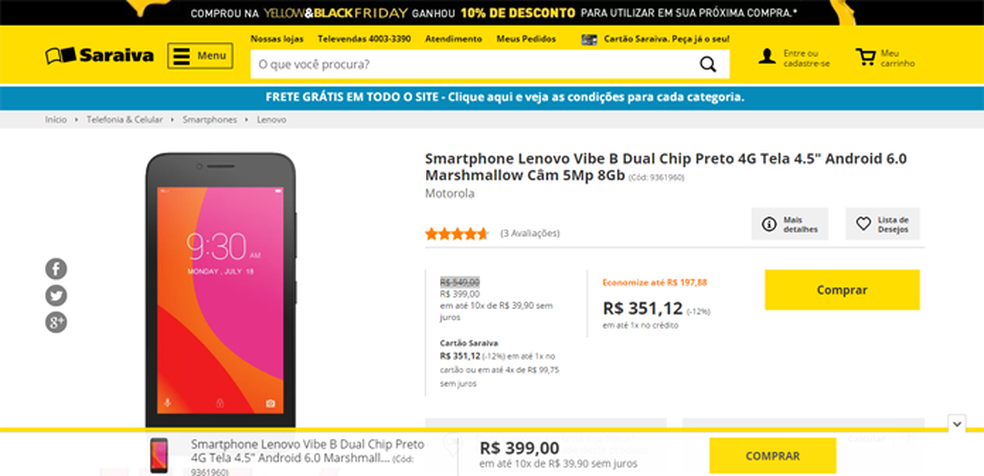 Preço do smartphone se manteve igual na Black Friday (Foto: Reprodução/Saraiva) — Foto: TechTudo