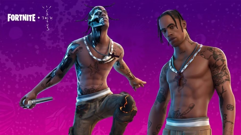 Skin do Travis Scott no Fortnite, replicando o cantor sem camisa e com alguns acessórios no pescoço — Foto: Reprodução/Dexerto