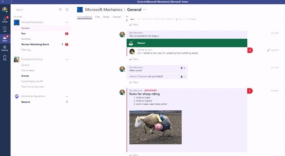 Exemplo de como funciona a interação entre os colaboradores no Microsoft Teams (Foto: Reprodução/Microsoft) — Foto: TechTudo