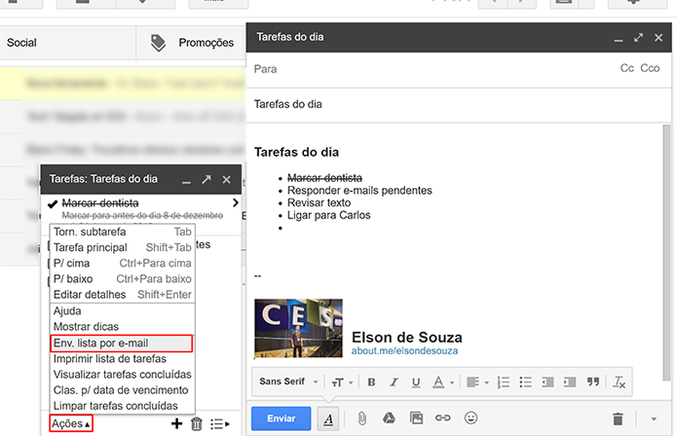 Google Tarefas permite enviar lista de atividades por e-mail (Foto: Reprodução/Elson de Souza) — Foto: TechTudo