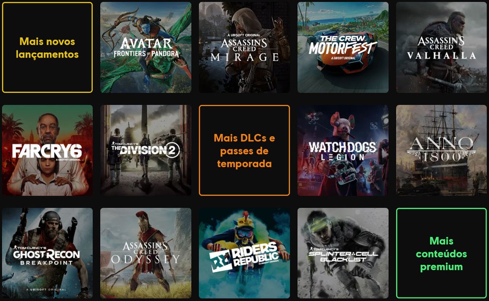 O Ubisoft+ Premium oferece mais de 100 jogos da Ubisoft no PC e Xbox, entre lançamentos e games mais antigos nos computadores — Foto: Reprodução/Ubisoft