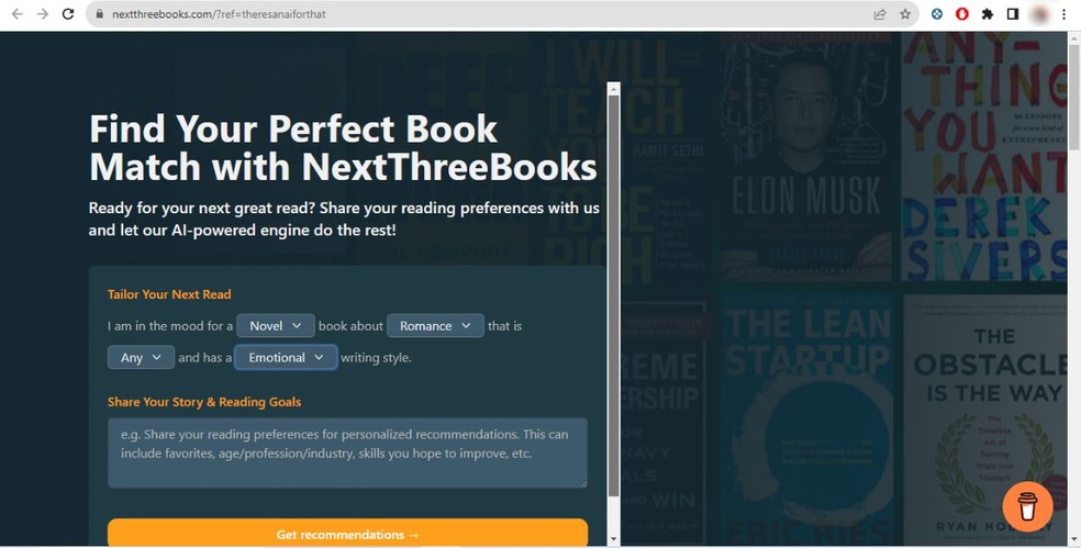 O NextThreeBooks facilita a descrição do tipo de livro que usuário busca — Foto: Reprodução/Millena Borges