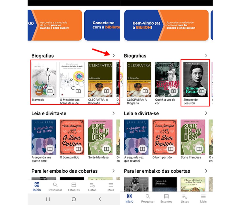 Ação para visualizar opções de livros na tela inicial do app BibliON — Foto: Reprodução/Marcela Franco