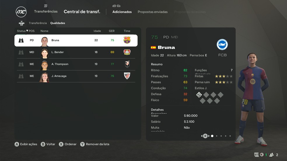 Bruna Vilamala, do Brighton, no Modo Carreira do EA FC 25 — Foto: Reprodução/Luccas Melo