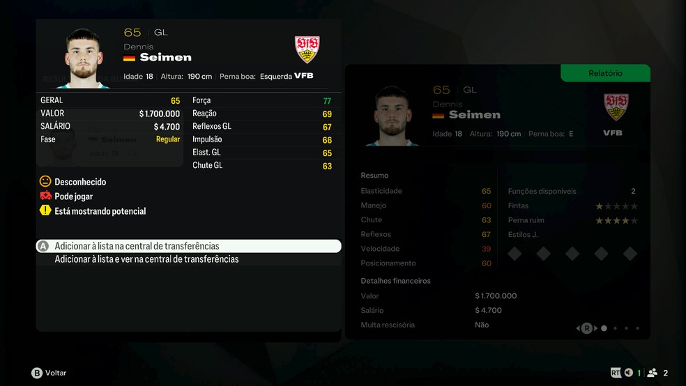 Goleiros promissores no Modo Carreira do EA FC 25: Seimen, do Stuttgart — Foto: Reprodução/Luccas Melo