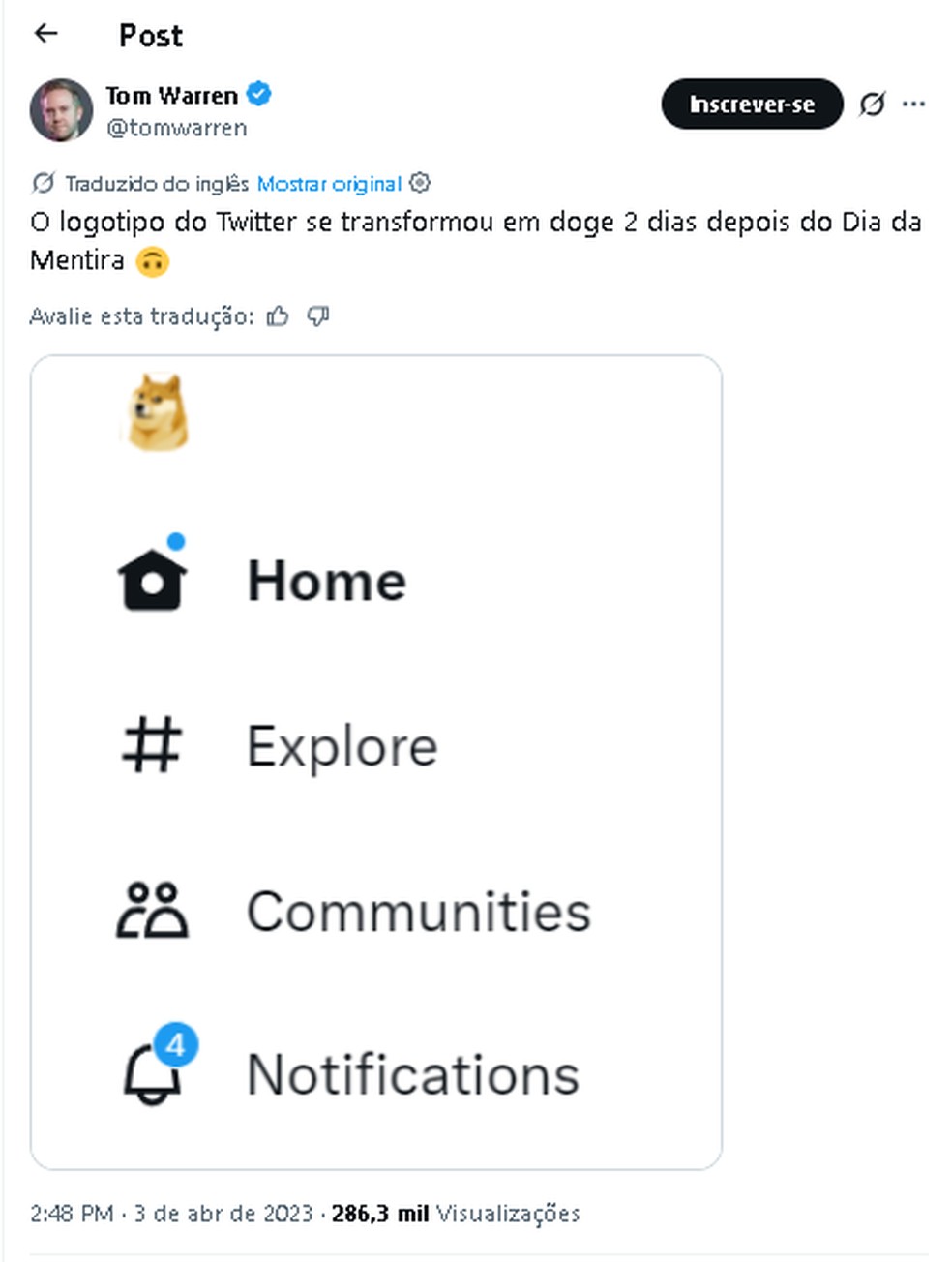 O cachorro da Dogecoin apareceu no lugar do pássaro azul e provocou uma alta repentina no valor da criptomoeda — Foto: Reprodução/X