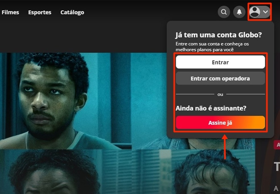 Dentro do Globoplay, espectador deve fazer login usando uma Conta Globo ou assinar um combo que inclua o sinal do SporTV — Foto: Reprodução/Gabriela Andrade