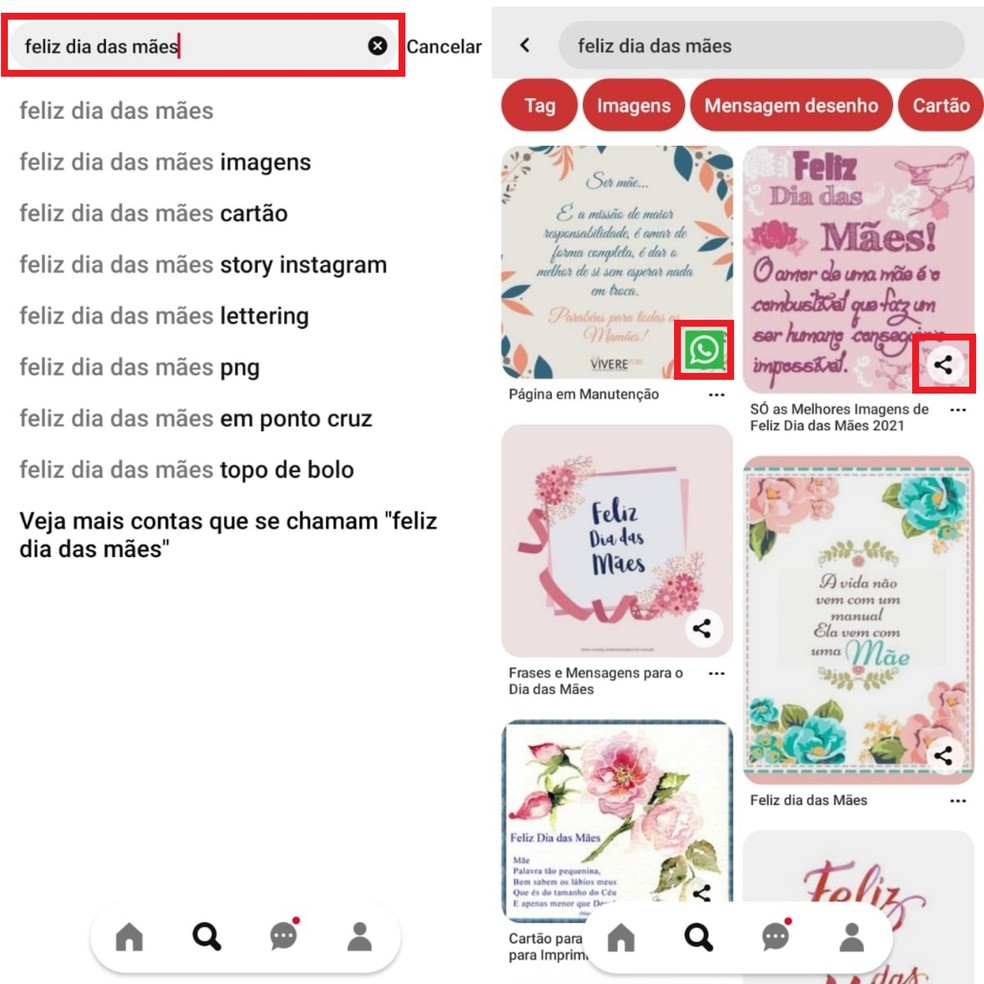 Cartões de 'Feliz Dia das Mães' personalizados também podem ser encontrados no app Pinterest — Foto: Reprodução/Clara Fabro