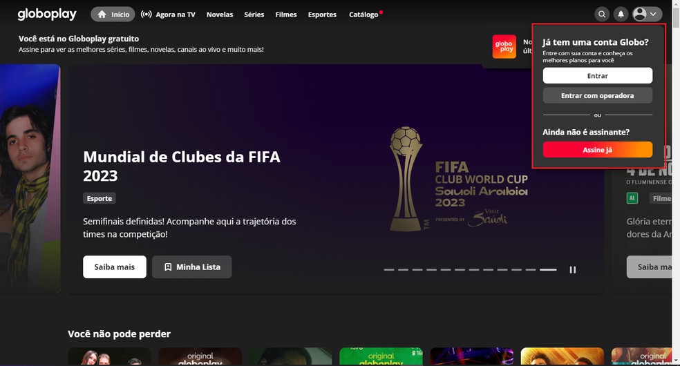 Faça login no Globoplay usando o cadastro gratuito da Conta Globo — Foto: Reprodução/Gabriel Pereira