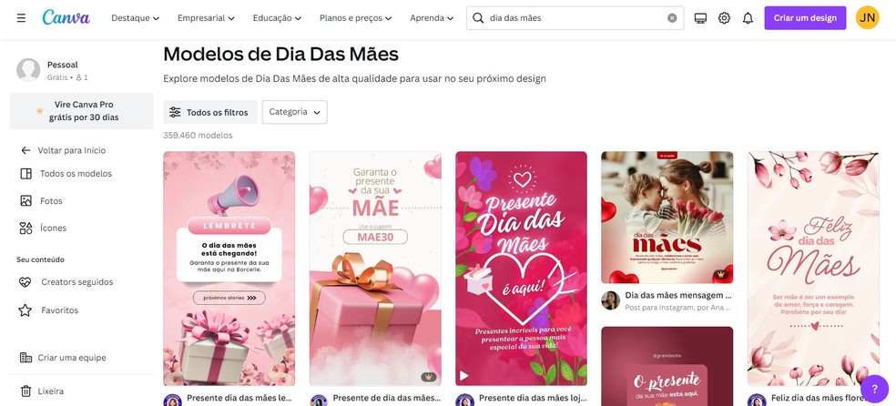 O Canva conta com diversos modelos personalizáveis para o Dia das Mães — Foto: Reprodução/Juliana Villarinho