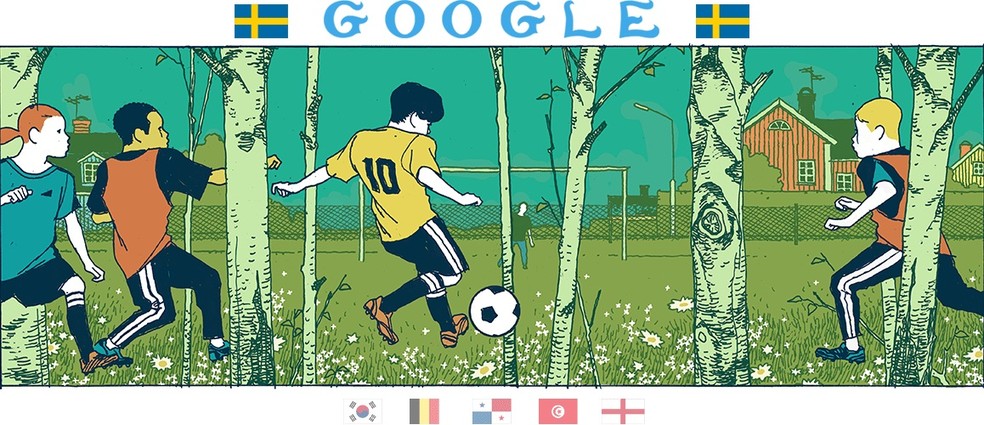 Suécia foi representada com partida de futebol entre crianças — Foto: Reprodução/Google