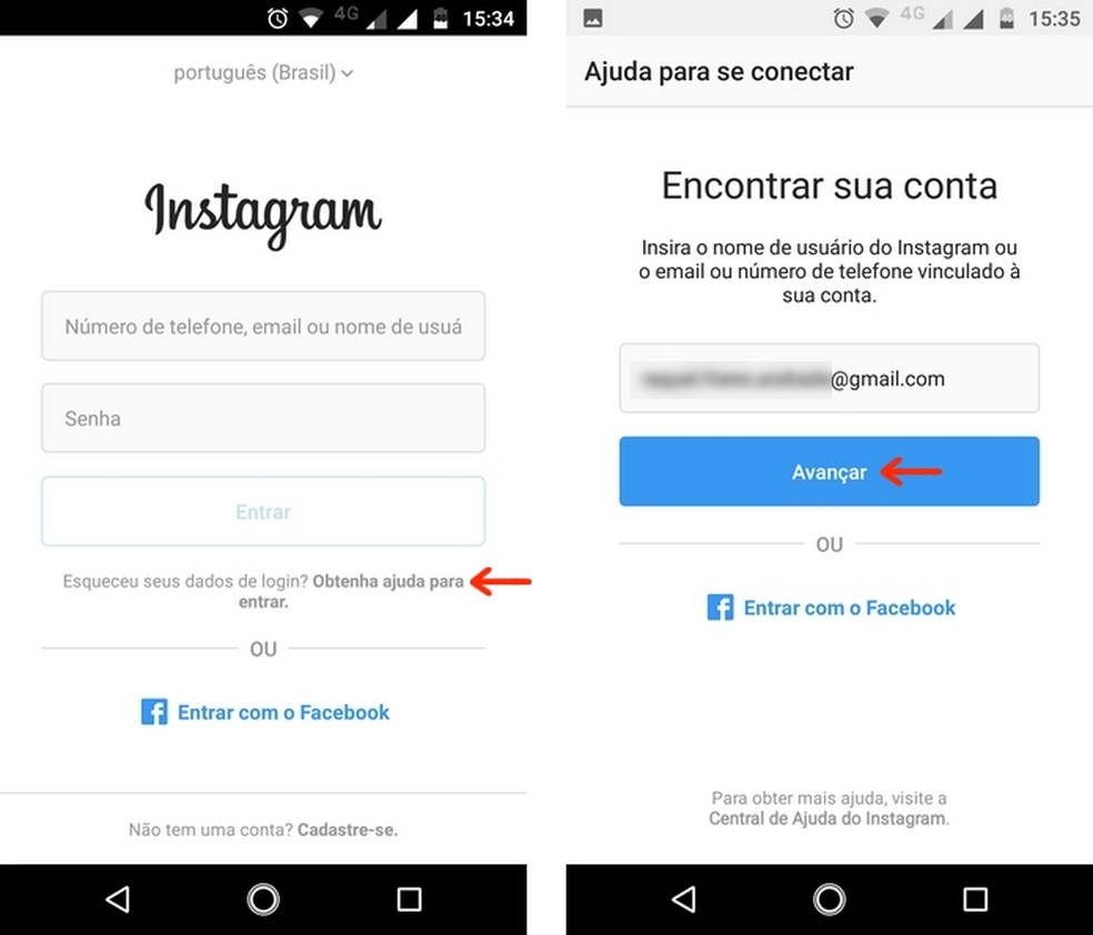  Instagram recuperar conta: tela de ajuda para efetuar login no aplicativo — Foto: Reprodução/Raquel Freire