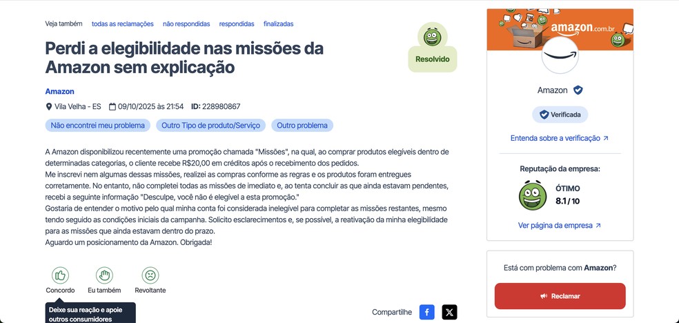  Reprodução/Reclame Aqui