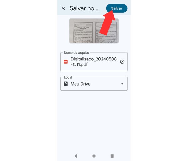 Salvando um documento escaneado pelo aplicativo Google Drive — Foto: Reprodução/Mariana Tralback
