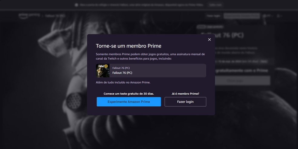 Fallout 76 de graça no Prime Gaming — Foto: Reprodução/Yuri Hildebrand