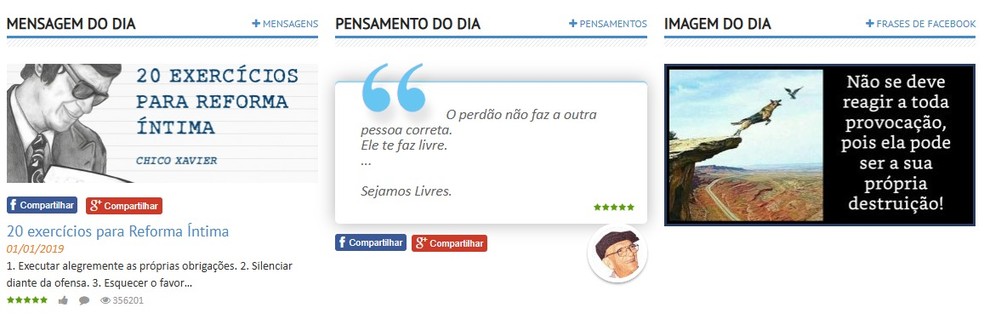 Site com frases espíritas tem trechos de autores como Chico Xavier e Allan Kardec — Foto: Reprodução/Mensagem Espírita
