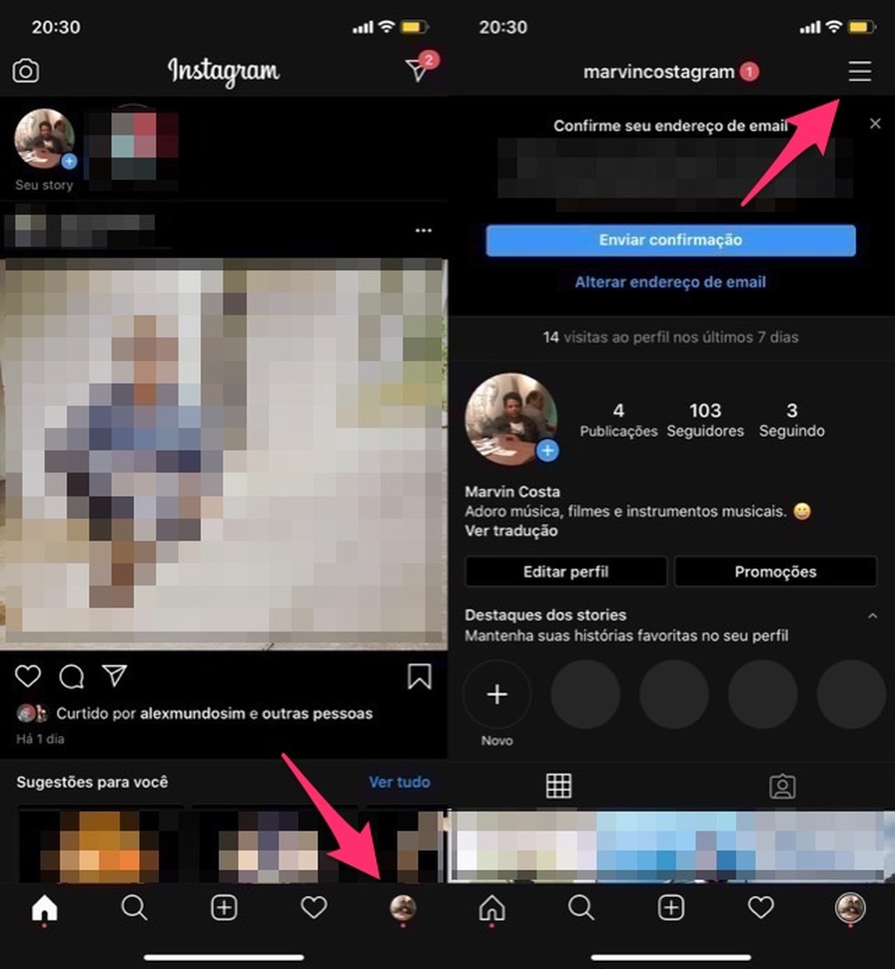 Ação para visualizar as opções do aplicativo Instagram  — Foto: Reprodução/Marvin Costa