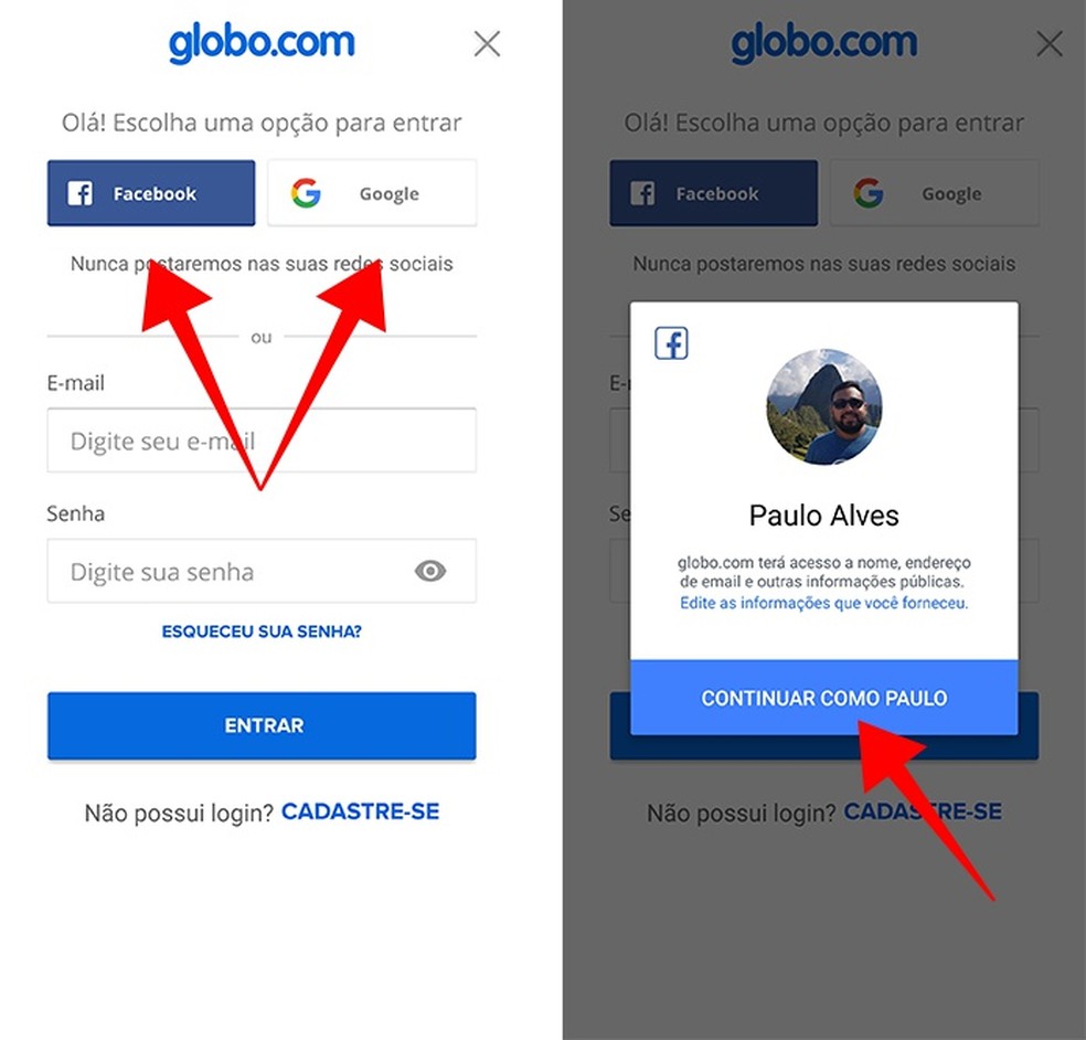 Faça login com Facebook ou Google no Globoplay — Foto: Reprodução/Paulo Alves