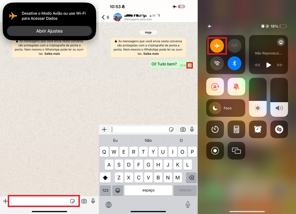 Depois de ativar o modo avião e enviar uma mensagem no WhatsApp, feche o app e ative a internet para que o texto seja enviado  — Foto: Reprodução/Clara Fabro