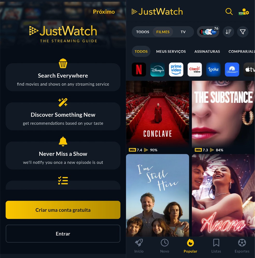 Acesse o app JustWatch e descubra em qual serviço de streaming o filme que você deseja assistir está disponível