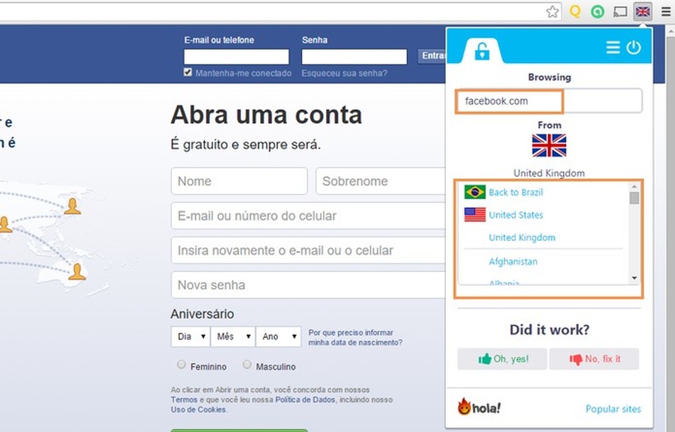 Se preferir troque o país ou digite um novo site (Foto: Reprodução/Barbara Mannara) — Foto: TechTudo