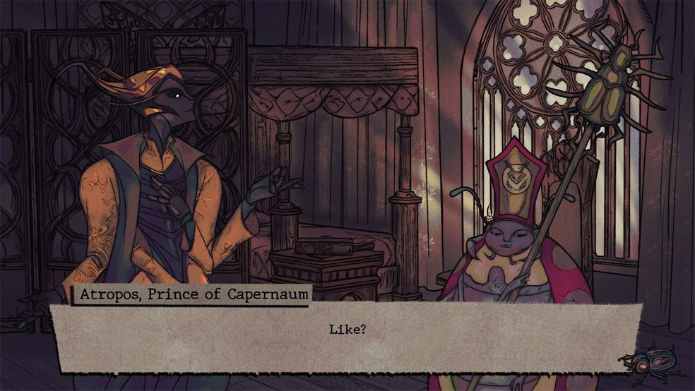 Atropos é um romance visual que se passa em um mundo de insetos que se portam como humanos — Foto: Reprodução/Steam