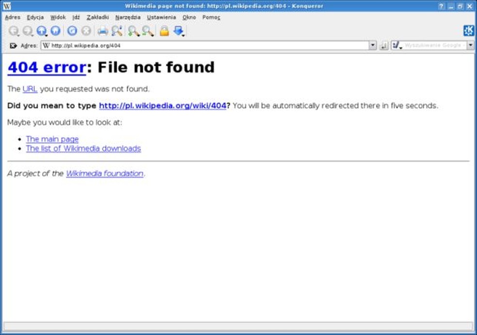 Página genérica de erro 404 é composta apenas por texto, sem nada atraente (Foto: Wikimedia Commons) — Foto: TechTudo