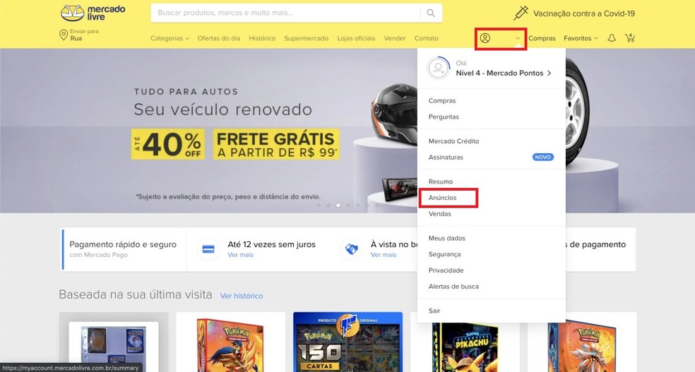 Como vender na Shopee Brasil? Faça login no Mercado Livre e acesse a aba "Anúncios" — Foto: Reprodução/Clara Fabro