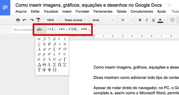 Como inserir imagens, gráficos, equações e desenhos no Google Docs