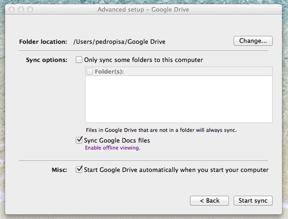 Configurações do Google Drive (Foto: Reprodução / Pedro Pisa) — Foto: TechTudo