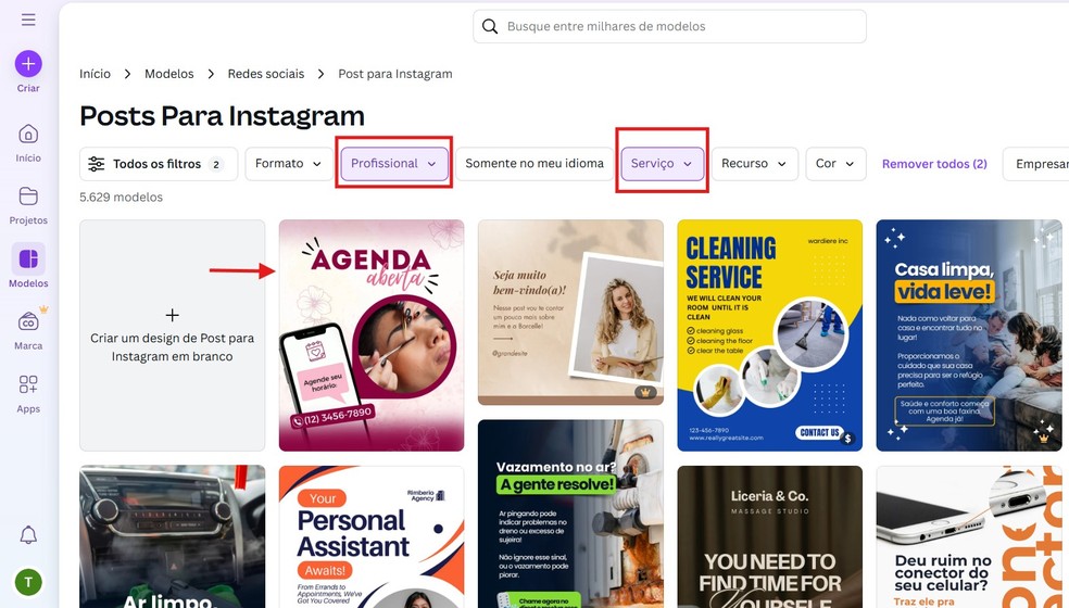 Utilize os filtros do Canva para visualizar modelos relacionados ao seu negócio — Foto: Reprodução/Thaisi Carvalho
