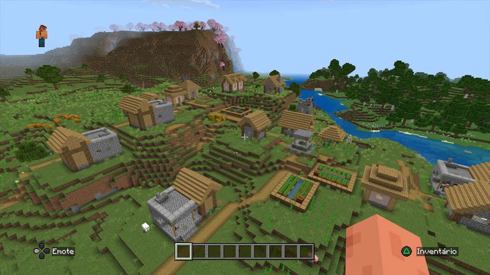 Esta vila simples de 4 Ferreiros em Minecraft fica perto de um campo de cerejeiras e como todas as outras têm portais em seus arredores — Foto: Reprodução/Rafael Monteiro