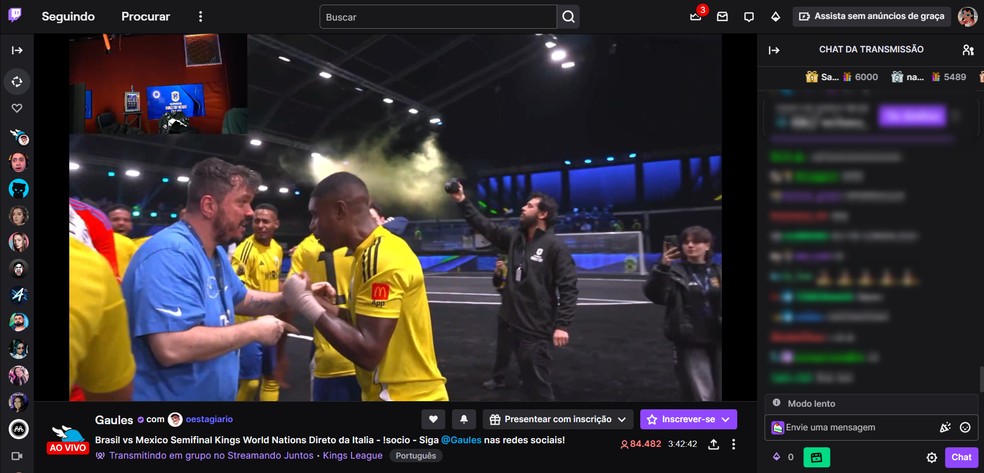 'Onde assistir aos jogos da Kings League Online?' Para conversar com outros espectadores no bate-papo, faça login ou cadastro na Twitch — Foto: Reprodução/Róbson Martins