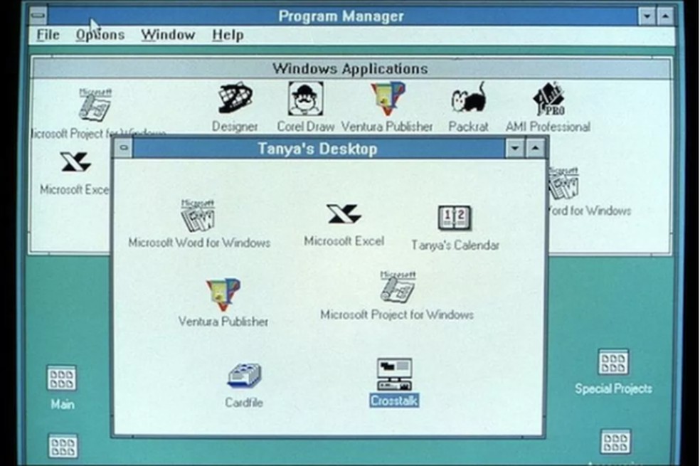 Windows 3.0 com alguns serviços já conhecidos atualmente como o Microsoft Word e o Microsoft Excel — Foto: Reprodução/BBC.co.uk