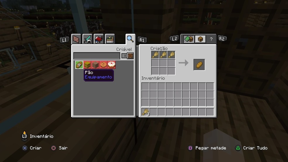 Abra a bancada e crie pão com o trigo que colheu no Minecraft — Foto: Reprodução/Felipe Vinha