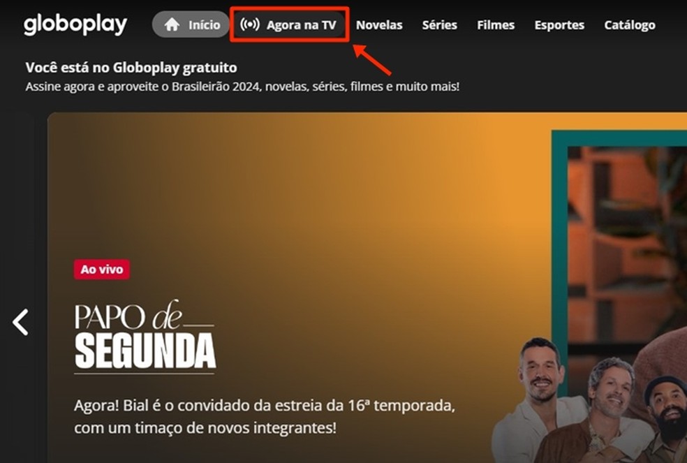 Espectador precisa abrir o Globoplay para ter acesso ao menu "Agora na TV" que possibilita acompanhar Botafogo x LDU hoje — Foto: Reprodução/Gabriela Andrade