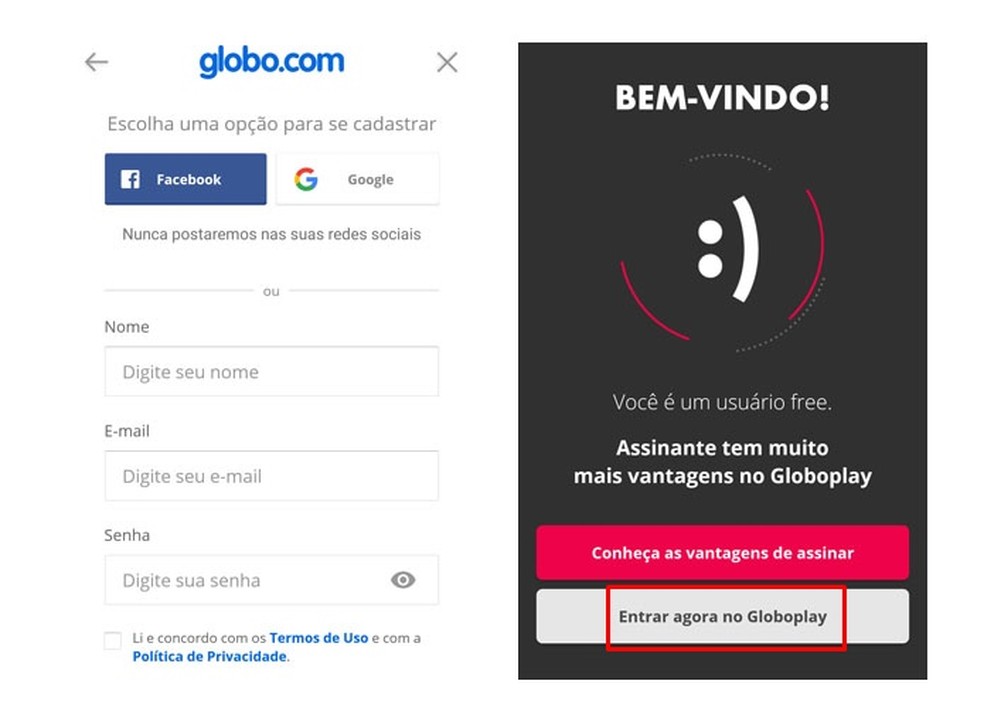 Use os dados do serviço de sua preferência para o cadastro no Globo Play — Foto: Reprodução/Taysa Coelho