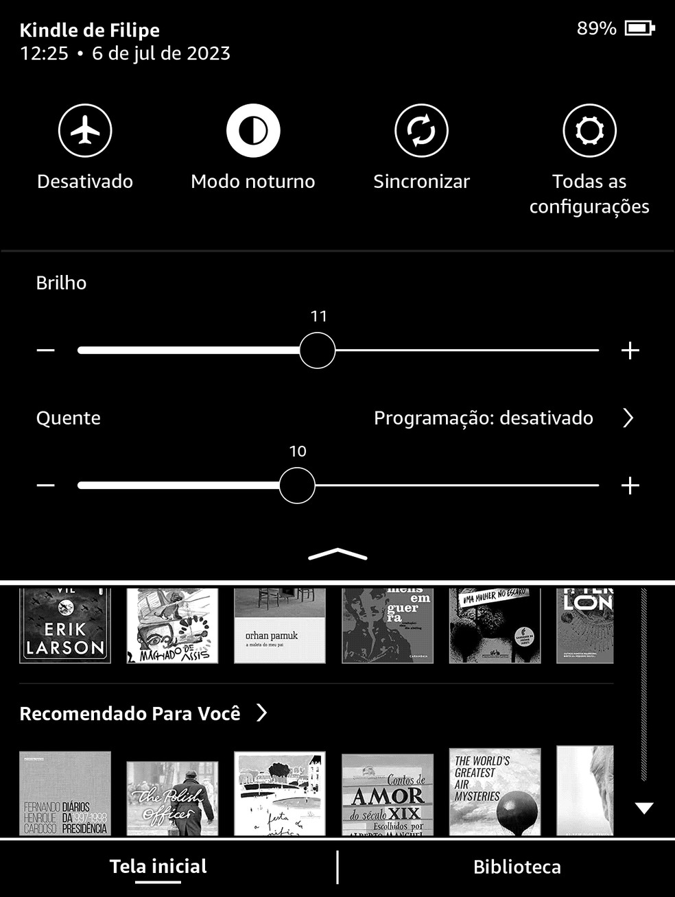 Kindle no modo noturno  — Foto: Reprodução/Filipe Garrett