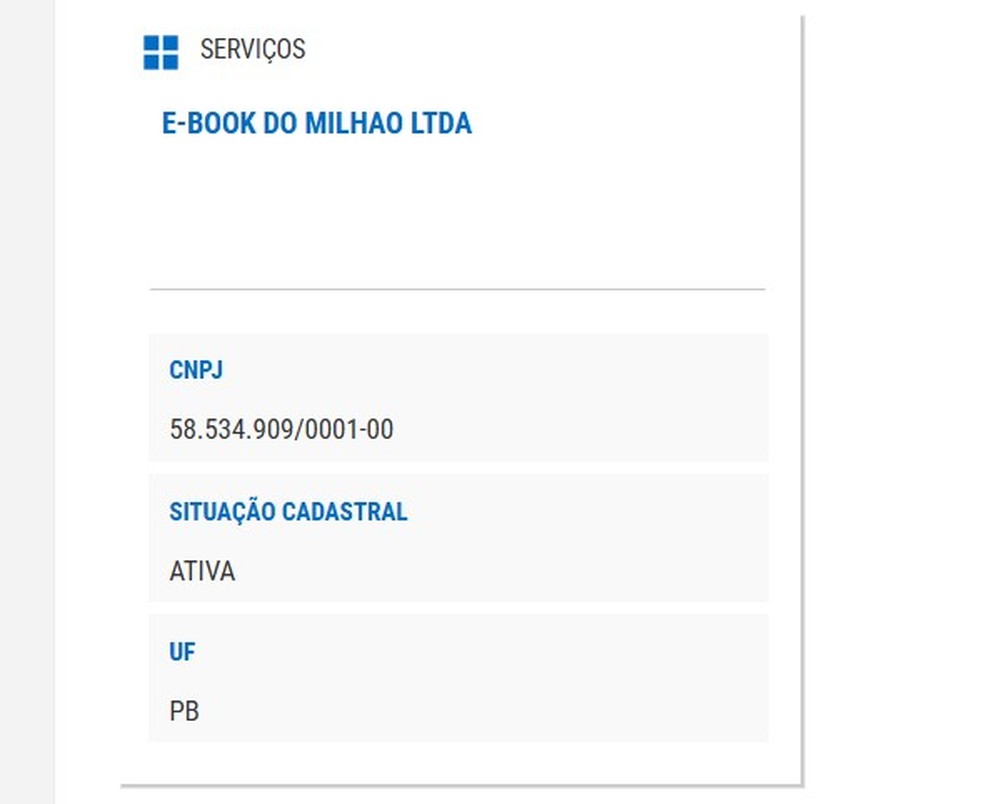 Consulta Pública de CNPJ mostra que a empresa "Pix do Milhão" possui situação cadastral ativa — Foto: Reprodução/Thaisi Carvalho