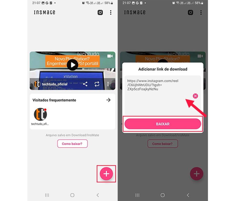 Ação para baixar vídeo do Instagram — Foto: Reprodução/Marcela Franco