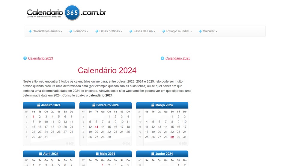 Calendario 365 lista os feriados de 2024 ao final da página — Foto: Reprodução/Júlia Silveira