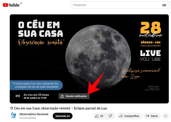 Eclipse lunar pode cegar? Evento pode ser visto a olho nu, mas terá transmissão do YouTube com lembrete do horário de início — Foto: Reprodução/Rodrigo Fernandes