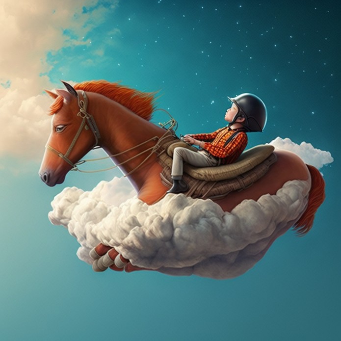 Um menino cavalgando no cavalo em cima de uma nuvem  — Foto: Reprodução/Midjourney