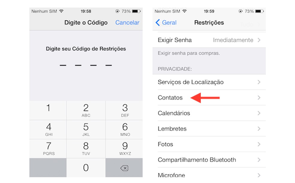 Acessando as opções de contato das restrições do iOS (Foto: Reprodução/Marvin Costa) — Foto: TechTudo
