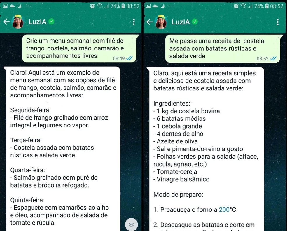Luzia oferece menus personalizados e receitas culinárias para usuários do WhatsApp — Foto: Reprodução/Gisele Souza